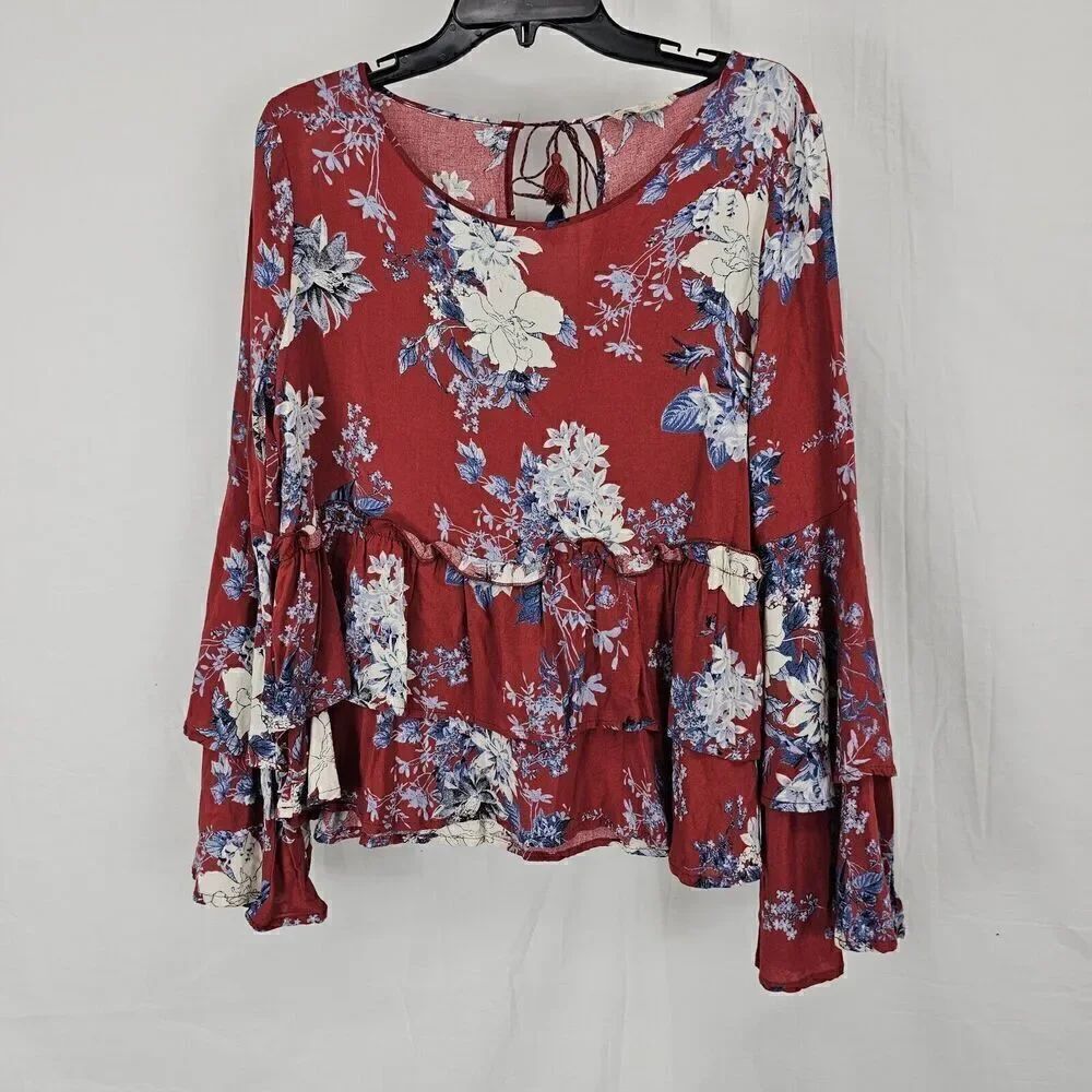 Altar'd State Women's Size Medium Red Floral Ruffle Blouse Bell Sleeve Tie Neck